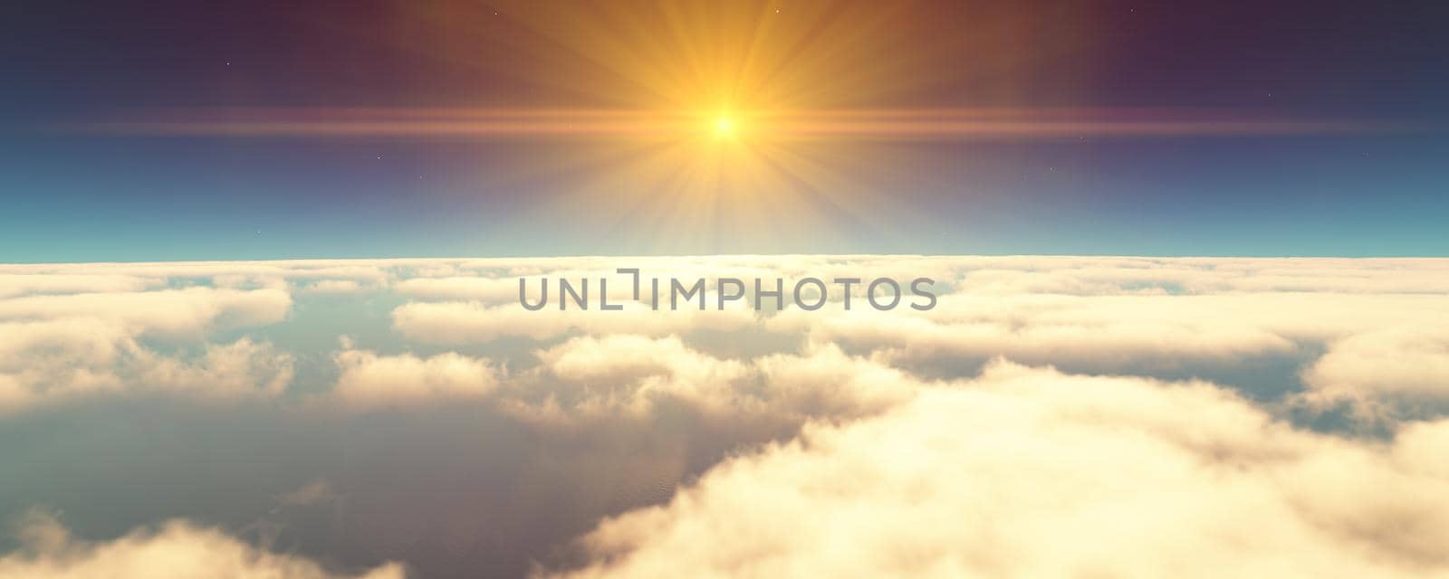 fly above clouds sunset landscape. 3d render illustration