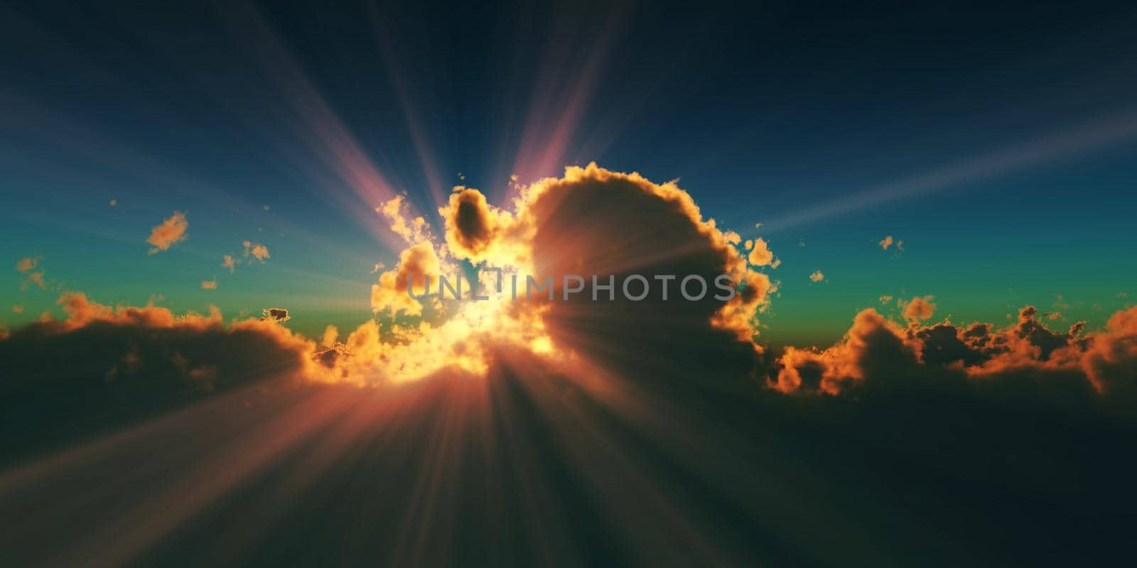 above clouds sun ray sunset. 3d render illustration