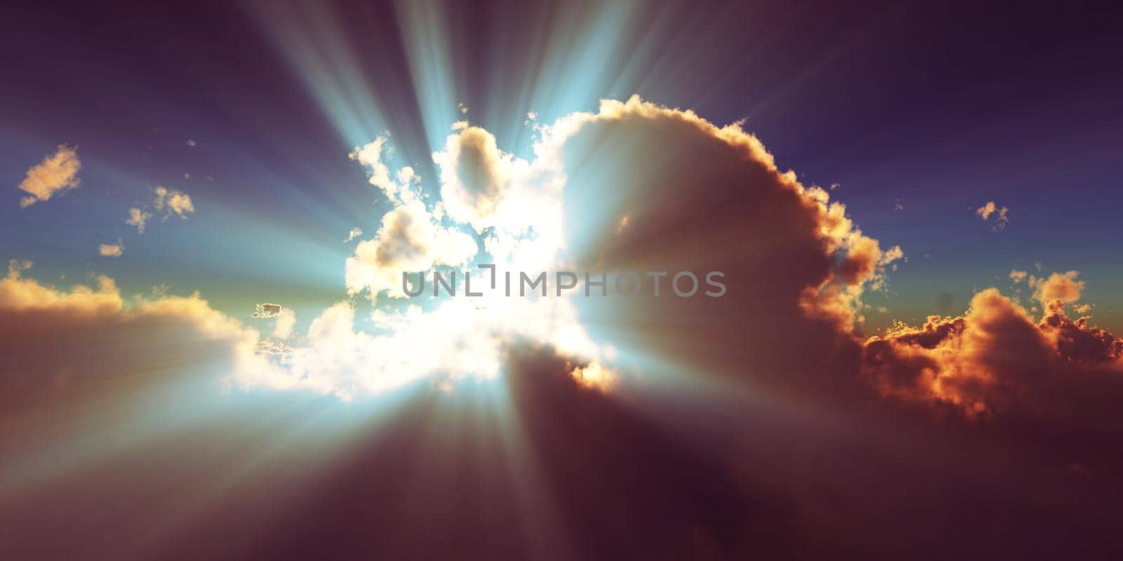 above clouds sun ray sunset. 3d render illustration