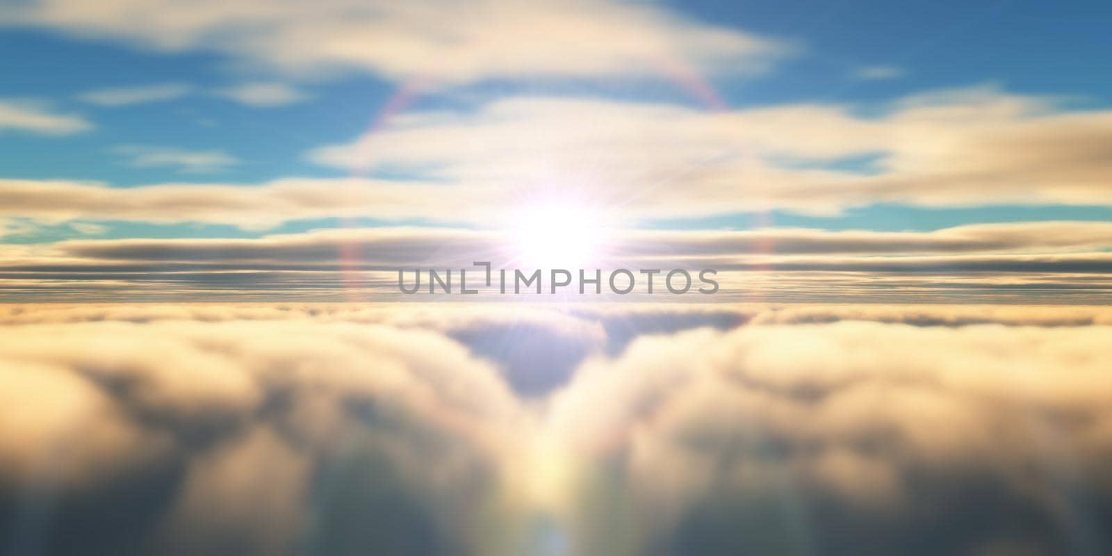 Beautiful aerial view above clouds with sunset. 3d illustration