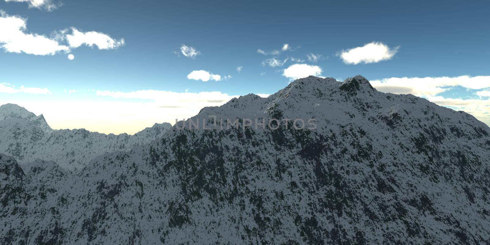 Winter high mountains with snow. 3d illustration