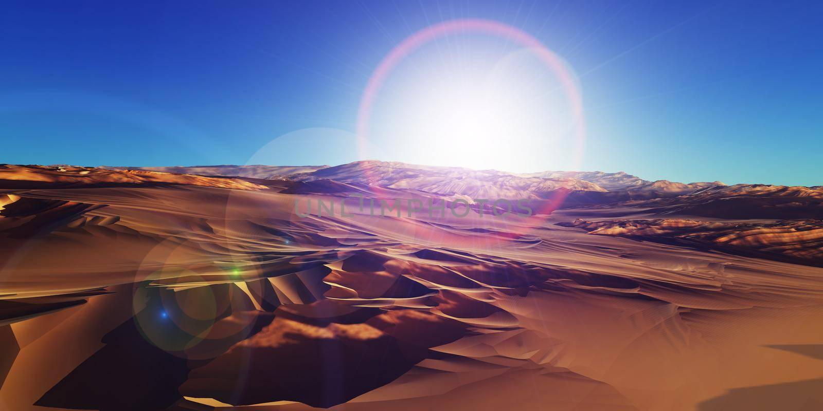 Dunes sunset over the desert. 3d rendering by alex_nako