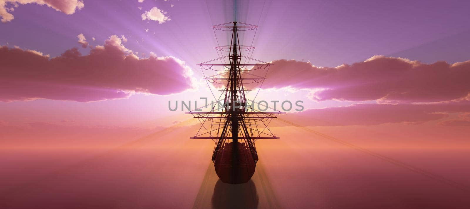 old ship sunset at sea 3d rendering illustration