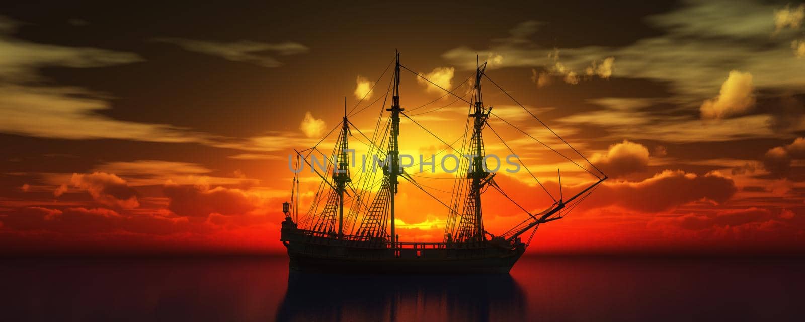 old ship sunset at sea 3d rendering illustration