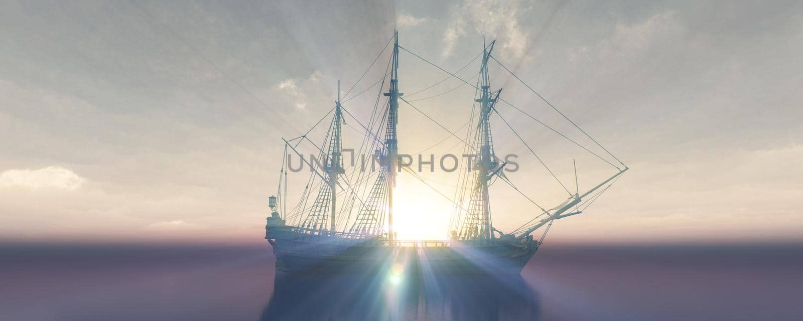 old ship sunset at sea 3d rendering illustration