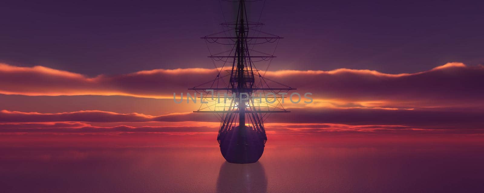 old ship sunset at sea 3d rendering illustration