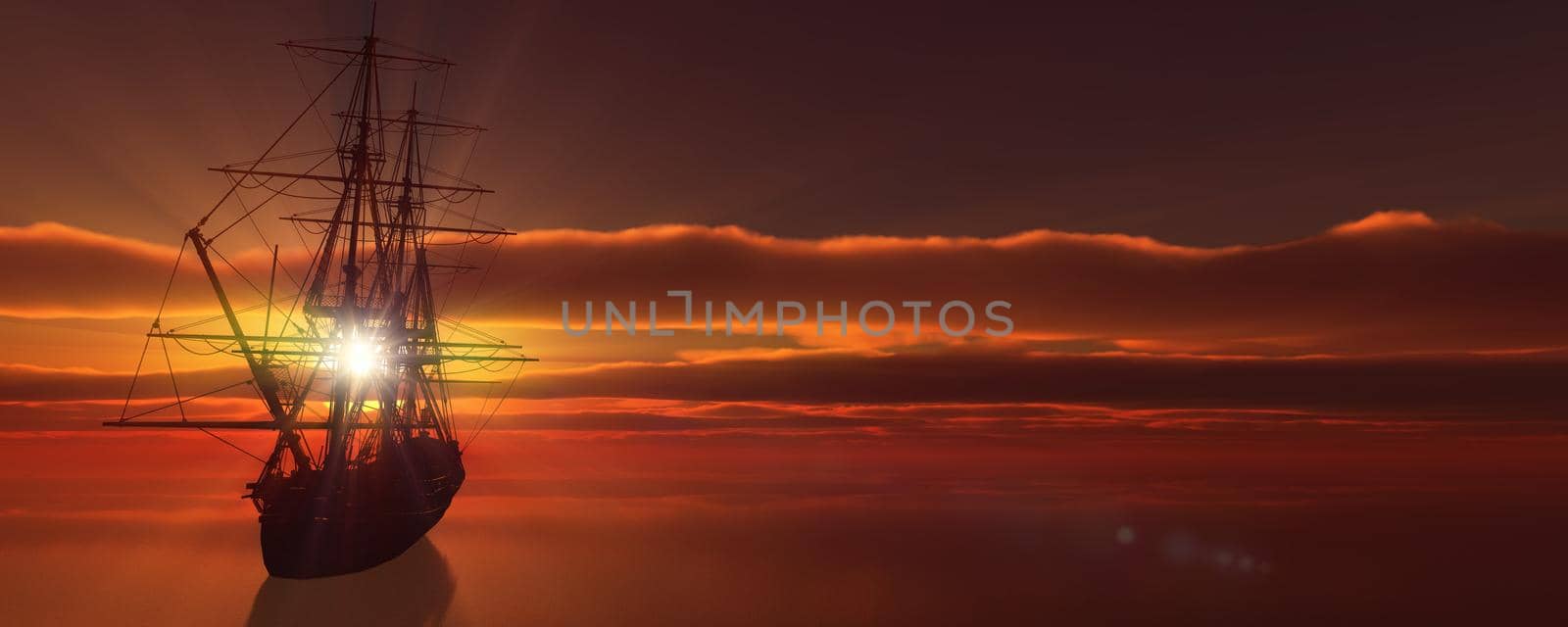 old ship sunset at sea 3d rendering illustration