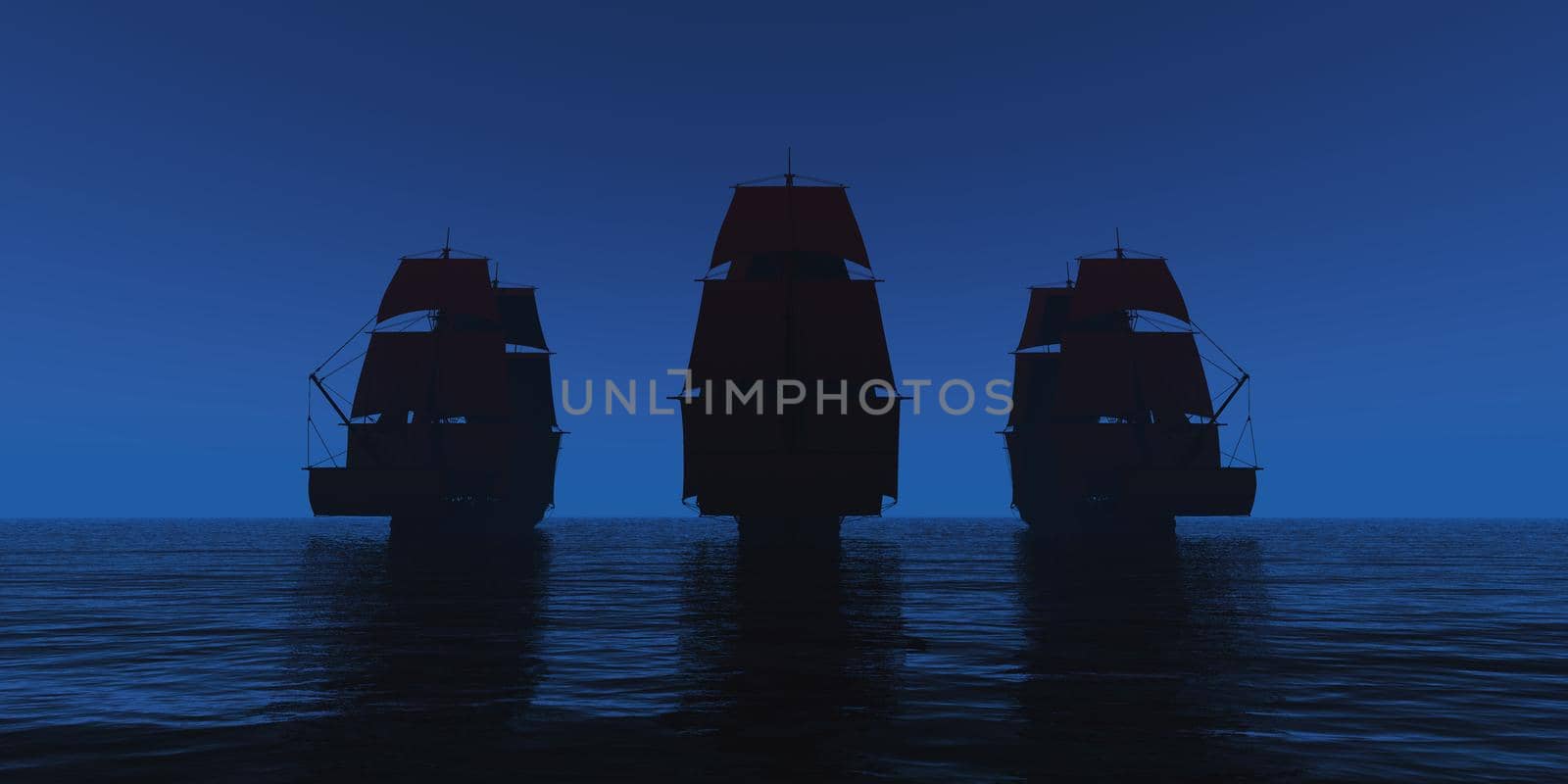 old three ships at night 3d rendering illustration