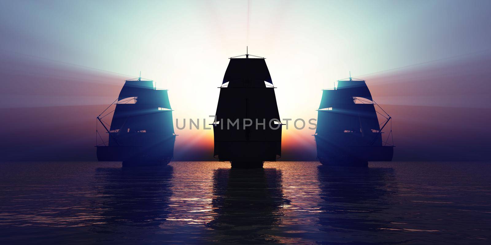 old three ships sunset at sea, 3d rendering illustration