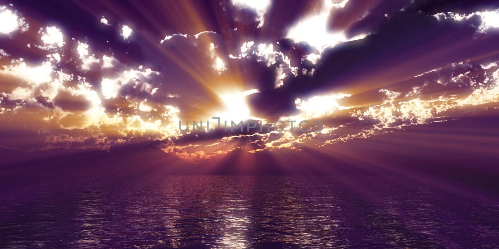 sunset sea sun ray clouds, 3d rendering illustration