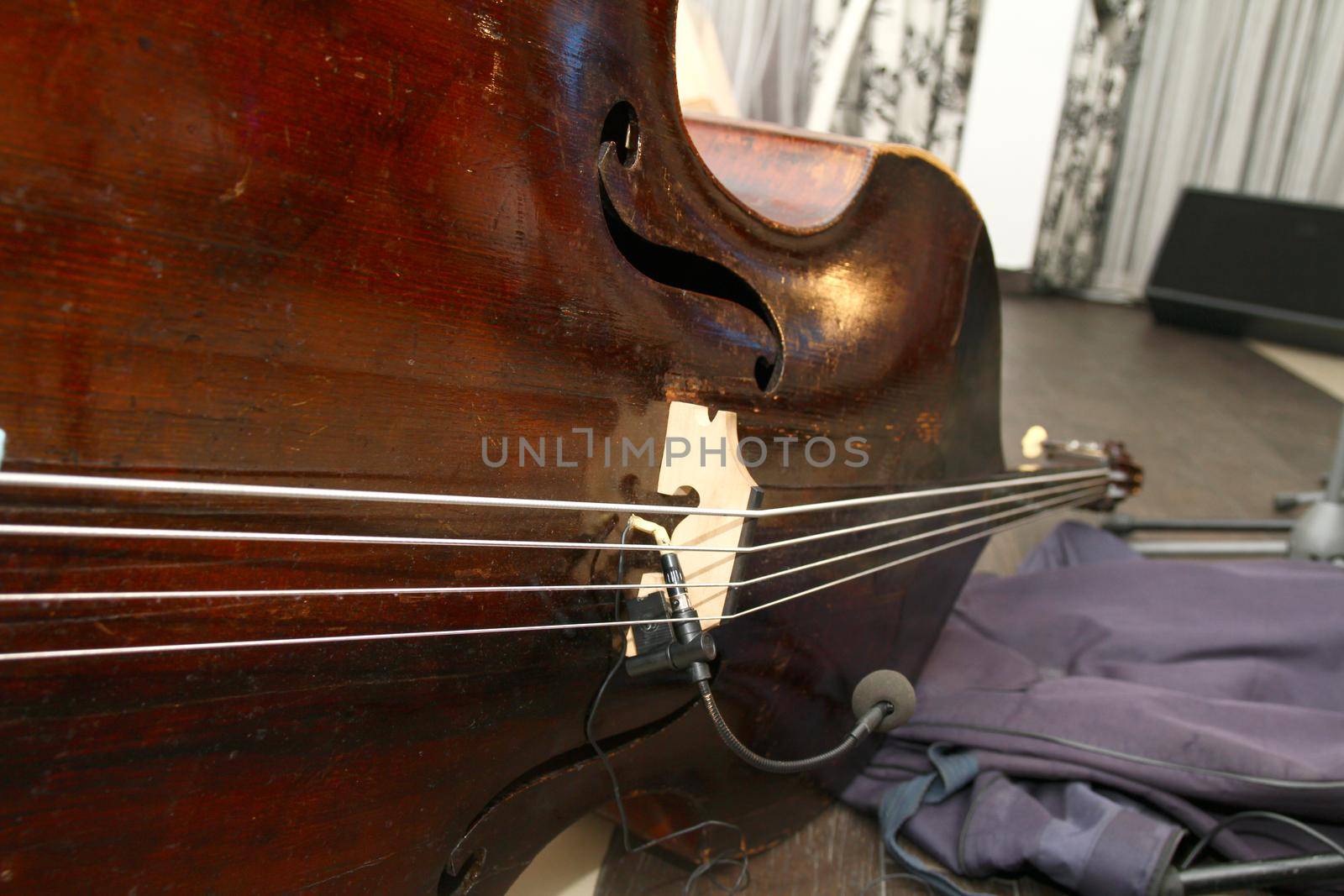 Details of Old Cello on the ground, macro close up