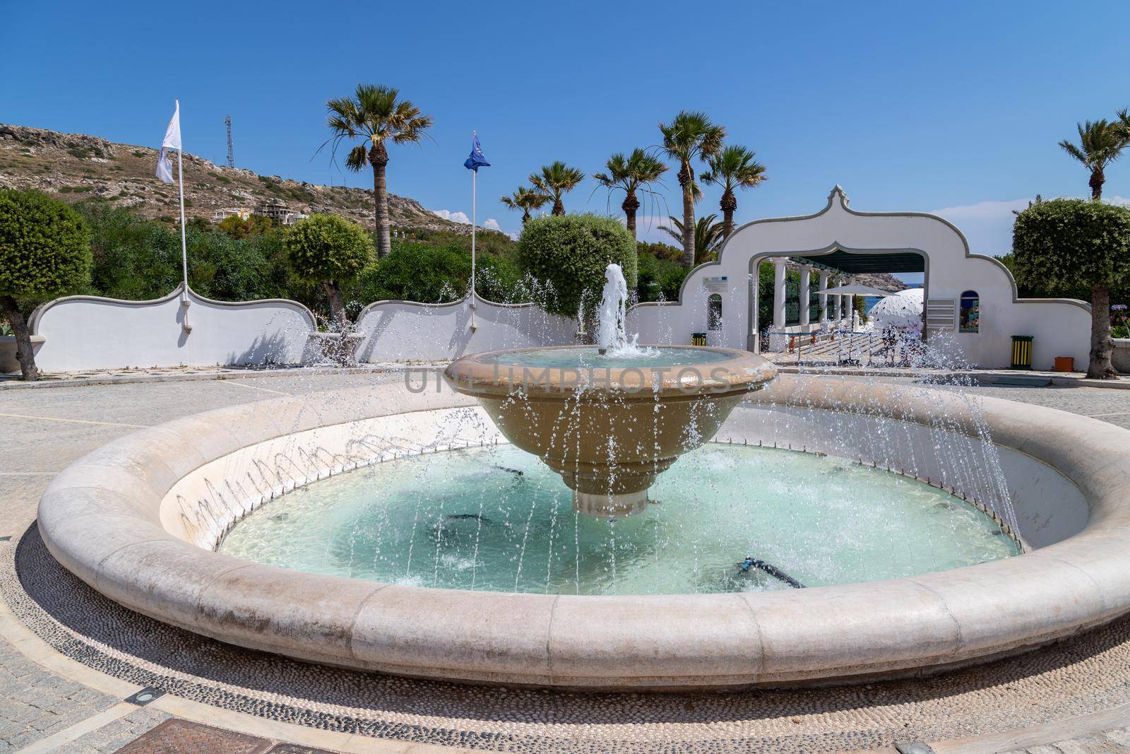 Water fountain at the entrance to the Kallithea Therms, Kallithea Spring on Rhodes island, Greece