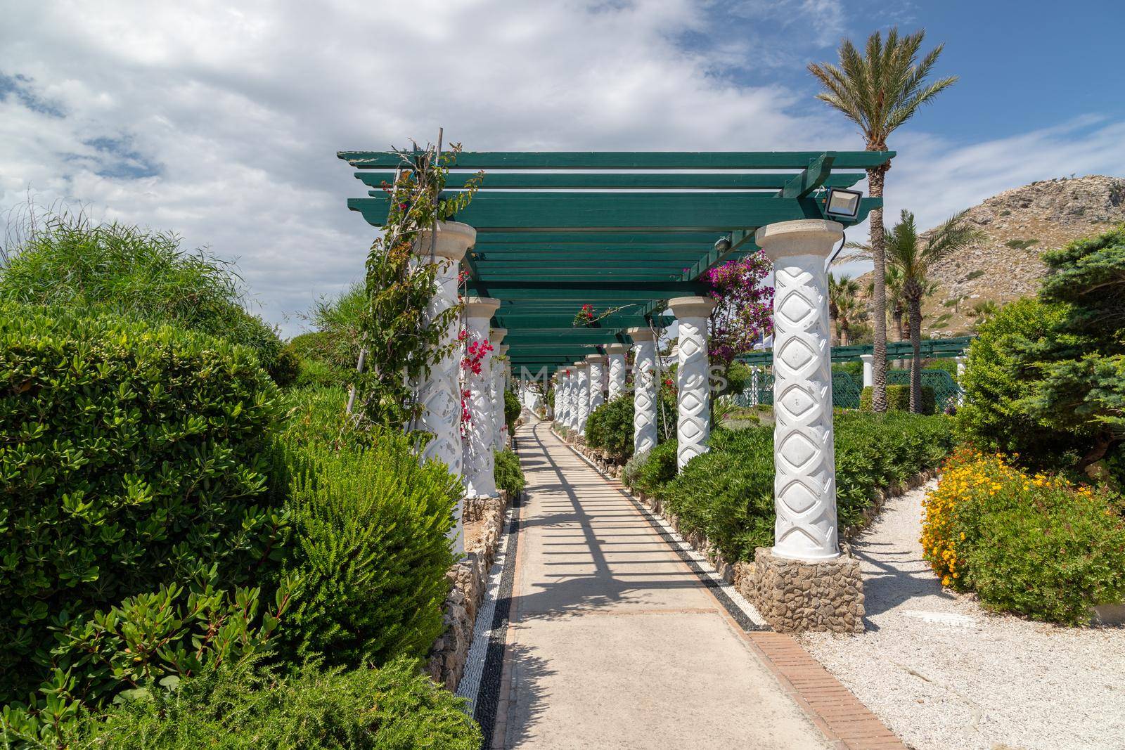 Path with pergola and mosaic pavement at  Kallithea Therms, Kallithea Spring on Rhodes island, Greece by reinerc