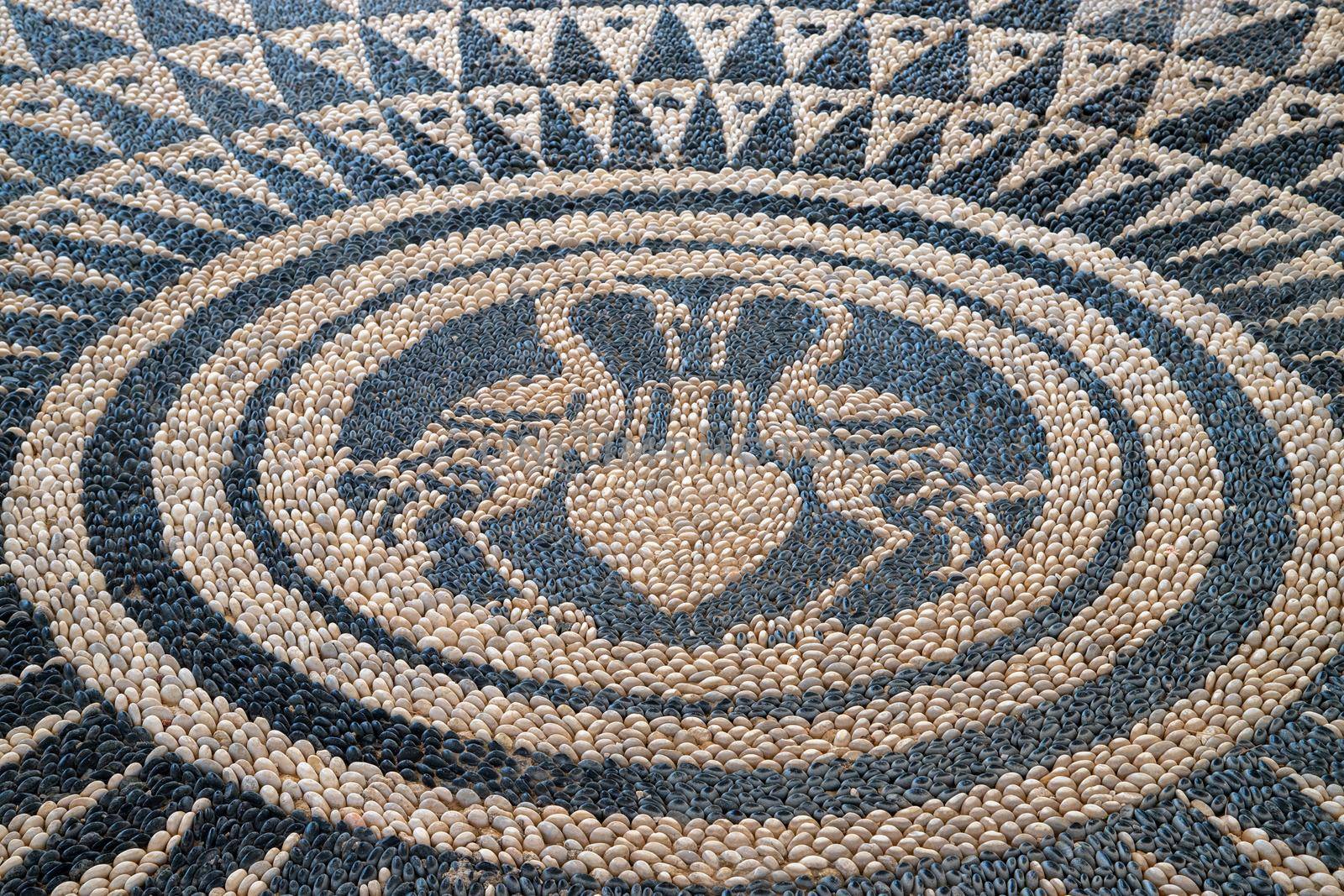 Mosaic with white and black pebble stones at Kallithea Therms, Kallithea Spring on Rhodes island, Greece