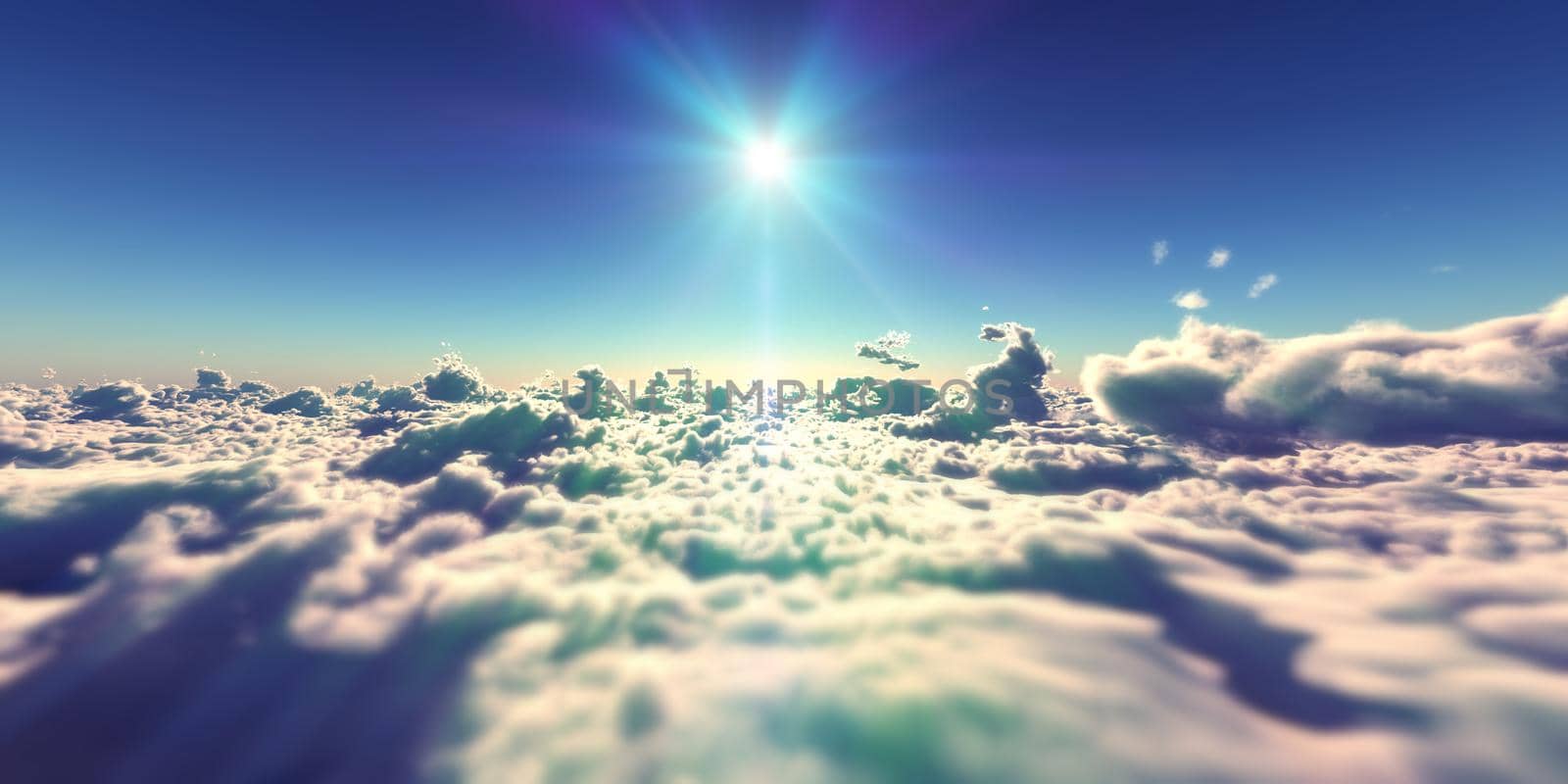 fly above clouds sunset landscape, 3d render illustration