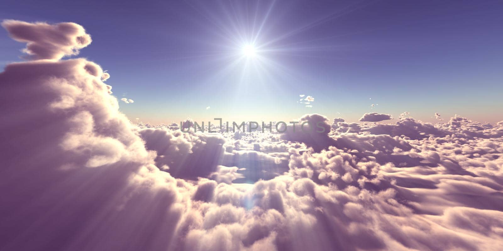 fly above clouds sunset landscape, 3d render illustration