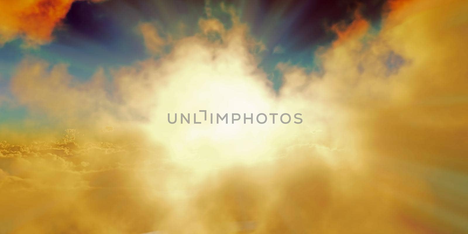 above clouds sun ray sunset. 3d render illustration