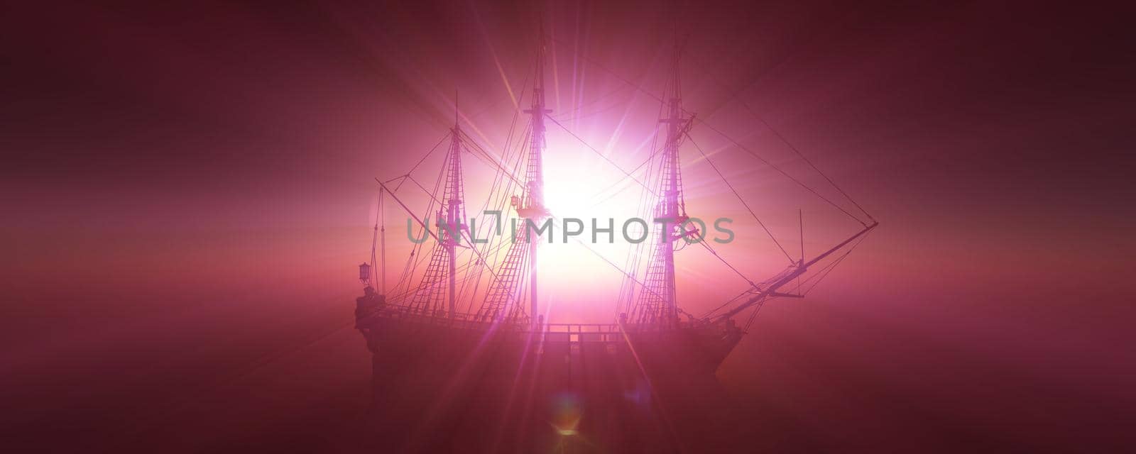 old ship sunset at sea 3d rendering illustration