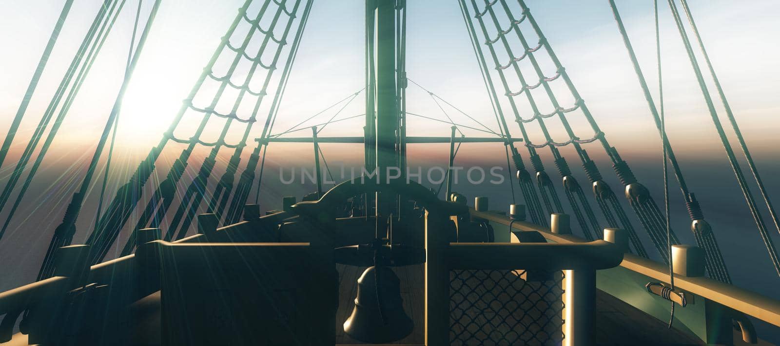 old ship sunset at sea 3d rendering illustration