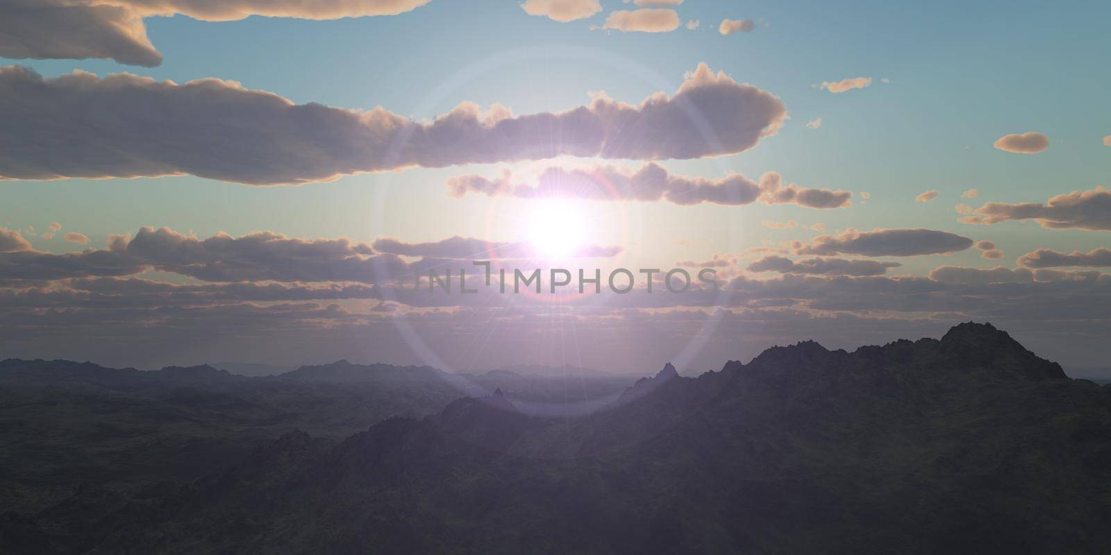 Mountain panorama over the clouds sunset. Computer generated 3D illustration
