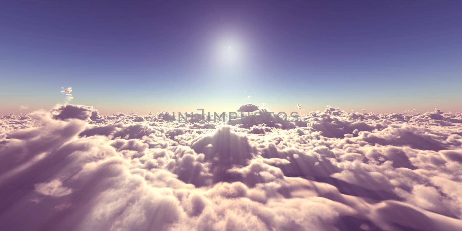 fly above clouds sunset landscape, 3d render illustration