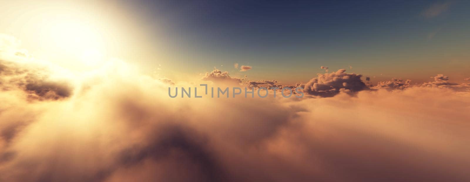 above clouds fly sunset sun ray illustration, 3d render