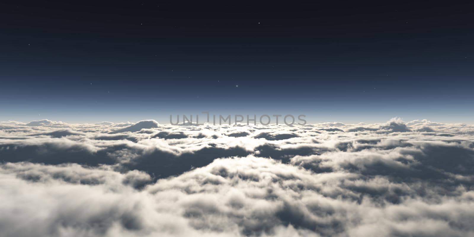 dream fly above clouds ray light, 3d rendering illustration