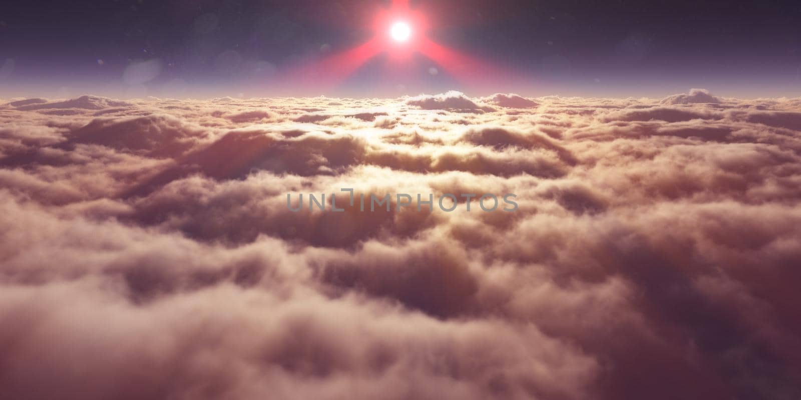 dream fly above clouds ray light, 3d rendering illustration