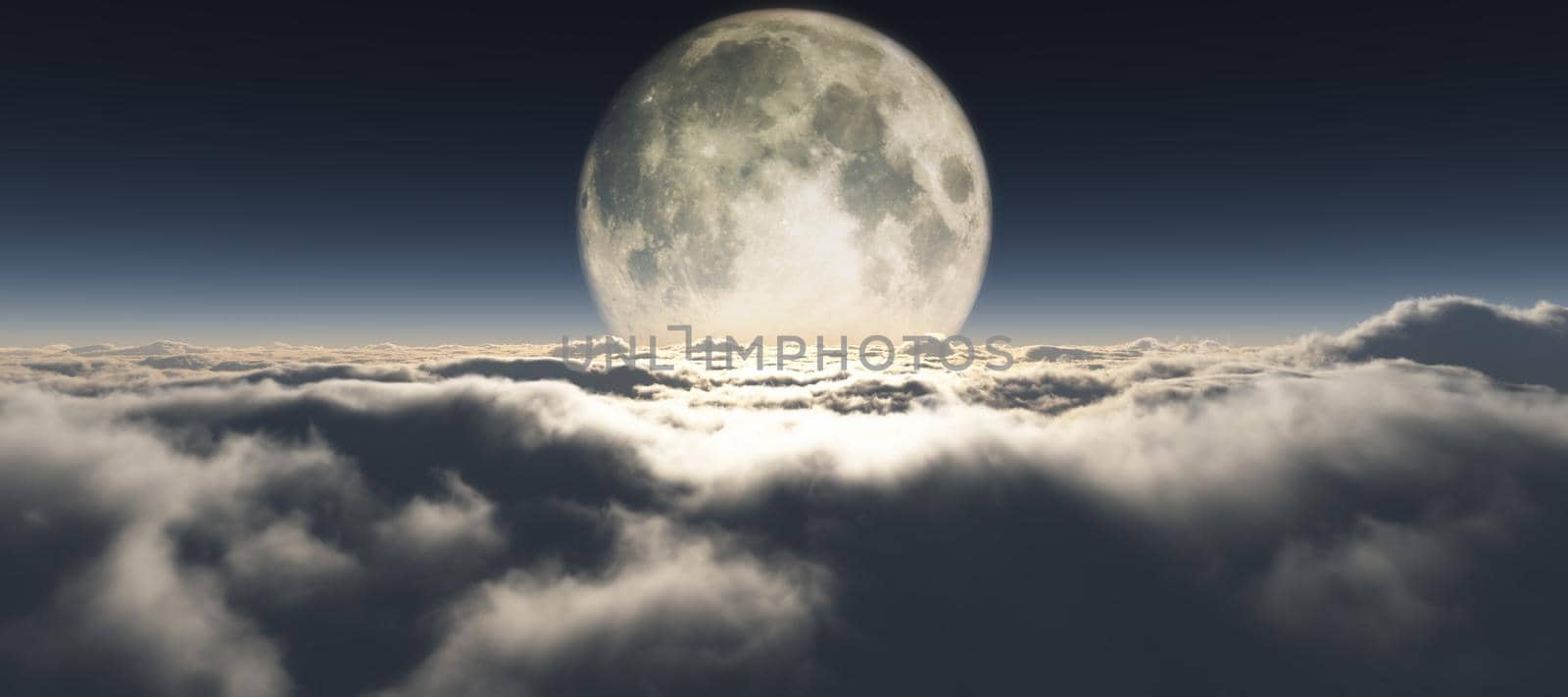 above clouds full moon illustration, 3d rendering