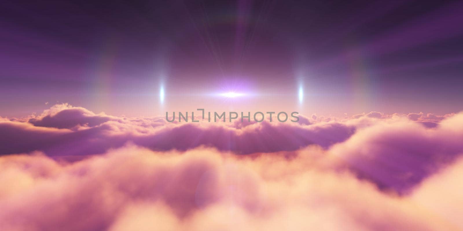 above clouds sunrise sun ray illustration, 3d rendering