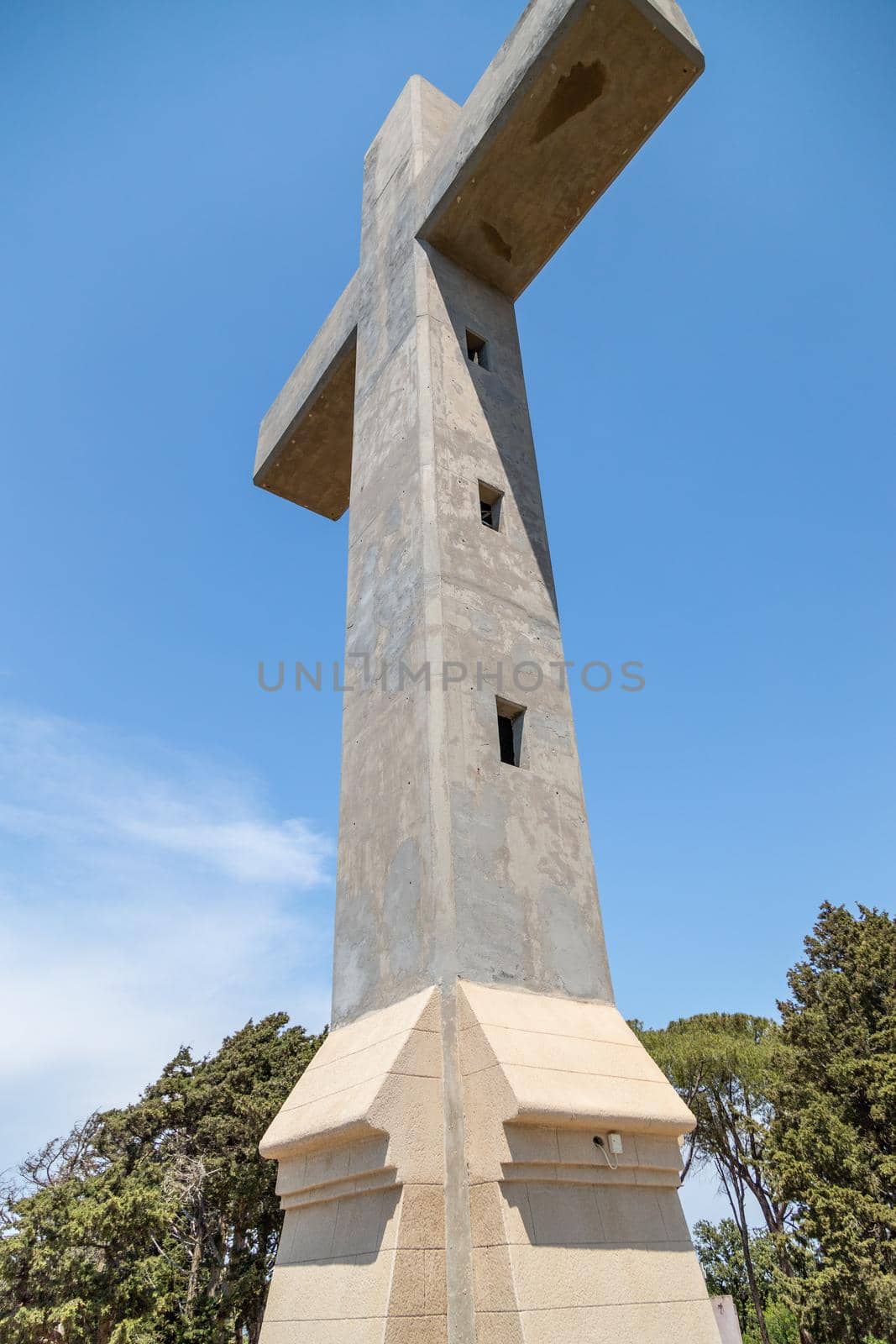 Cross made of concrete on the hill Filerimos southwest of the capital Rhodes on Greek island Rhodes