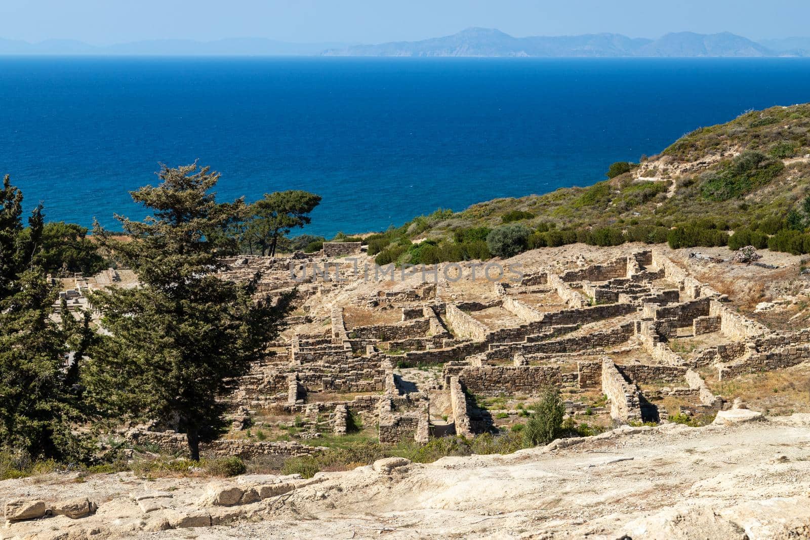 View from excavation site of the ancient city of Kamiros at the westside of Rhodes island, Greece on the aegaen sea