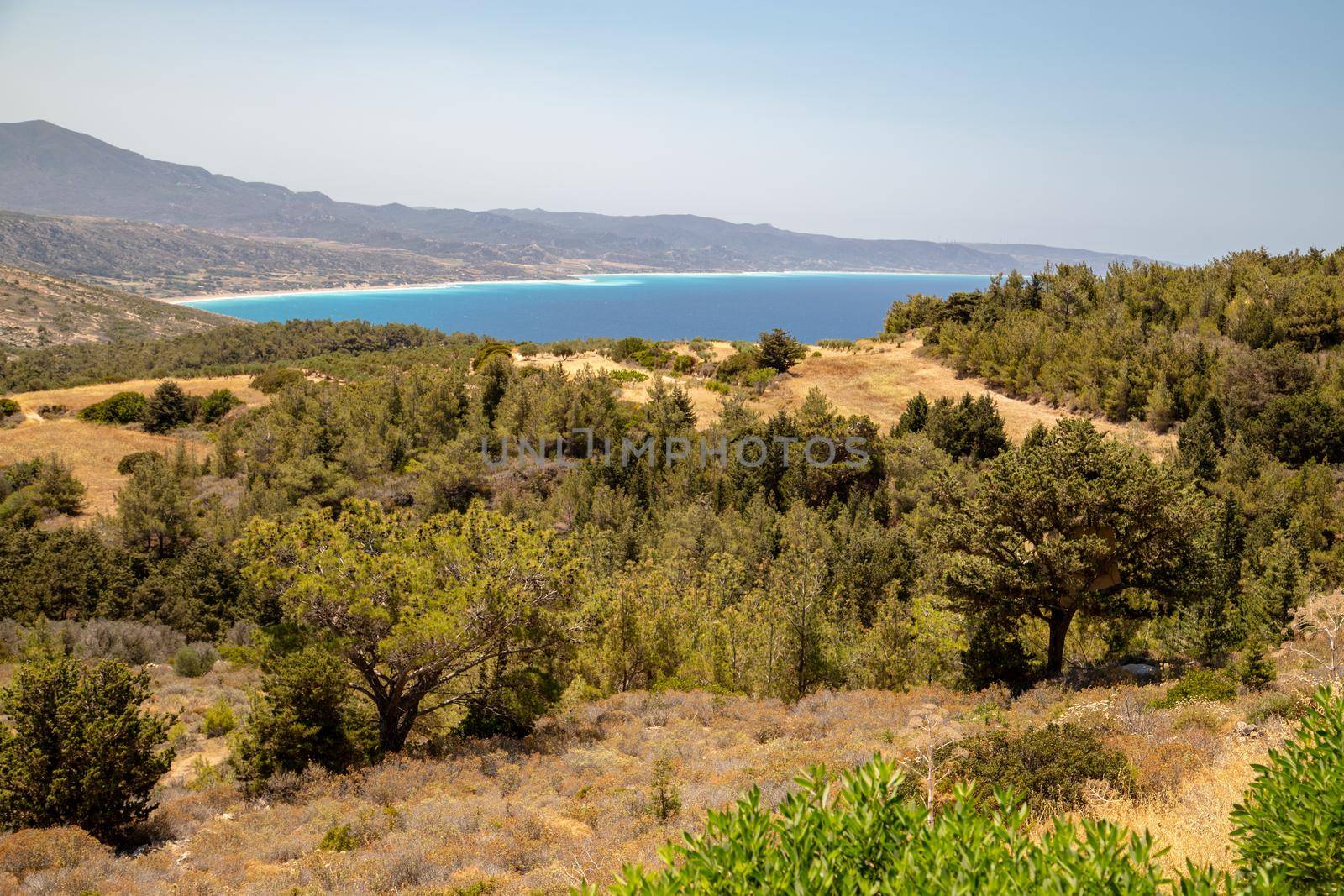 Panoramic view at landscape near Monolithos on Greek island Rhodes with the aegaen sea in the background