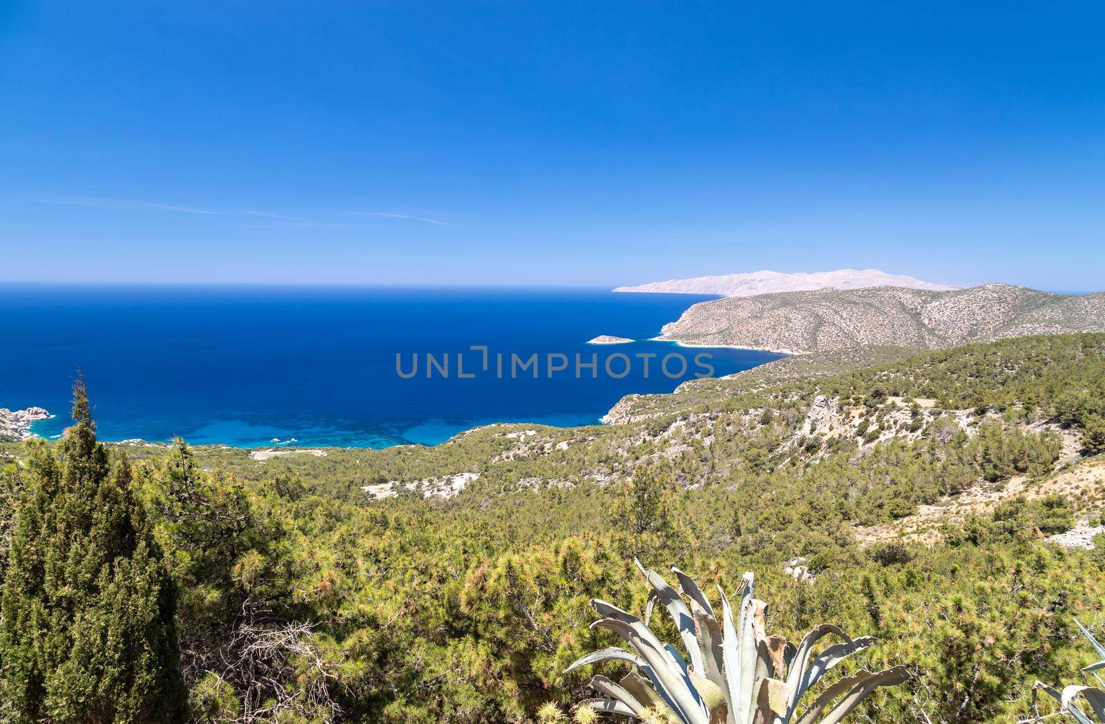 Panoramic view at landscape and rocky coastline near Monolithos on Greek island Rhodes with the aegaen sea in the background