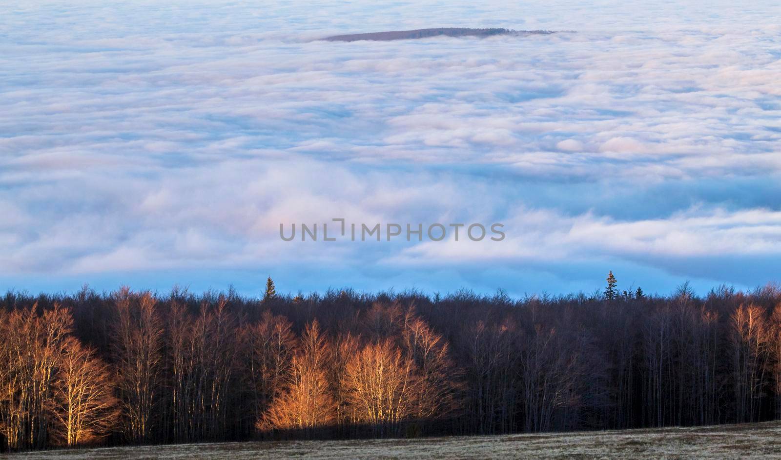 A sunset seen from the top of the mountain with the clouds covering the surrounding forests by bybyphotography