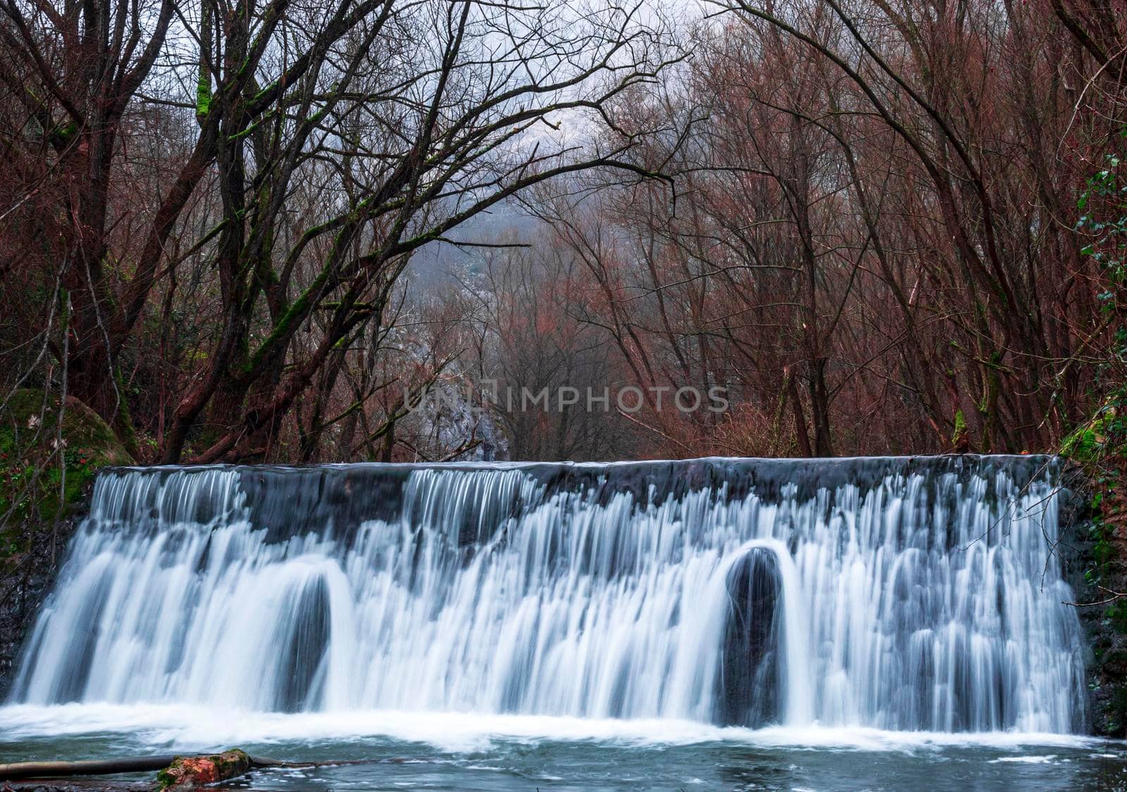 A waterfall that flows surrounded by trees by bybyphotography