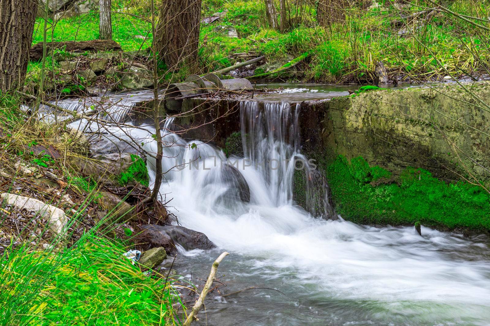 A waterfall that flows surrounded by greenery by bybyphotography