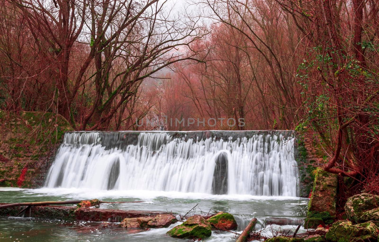 A waterfall that flows surrounded by trees by bybyphotography