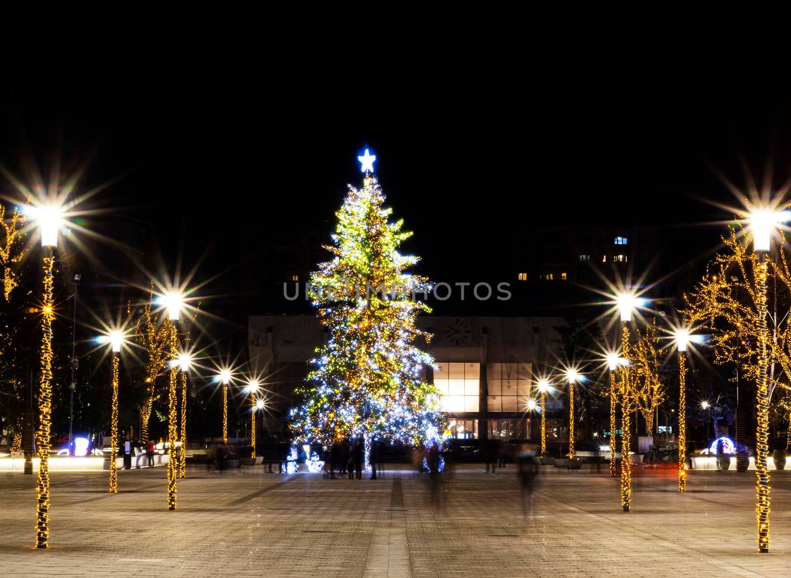 Christmas tree adorned with lights, surrounded by pillars with star shaped bulbs