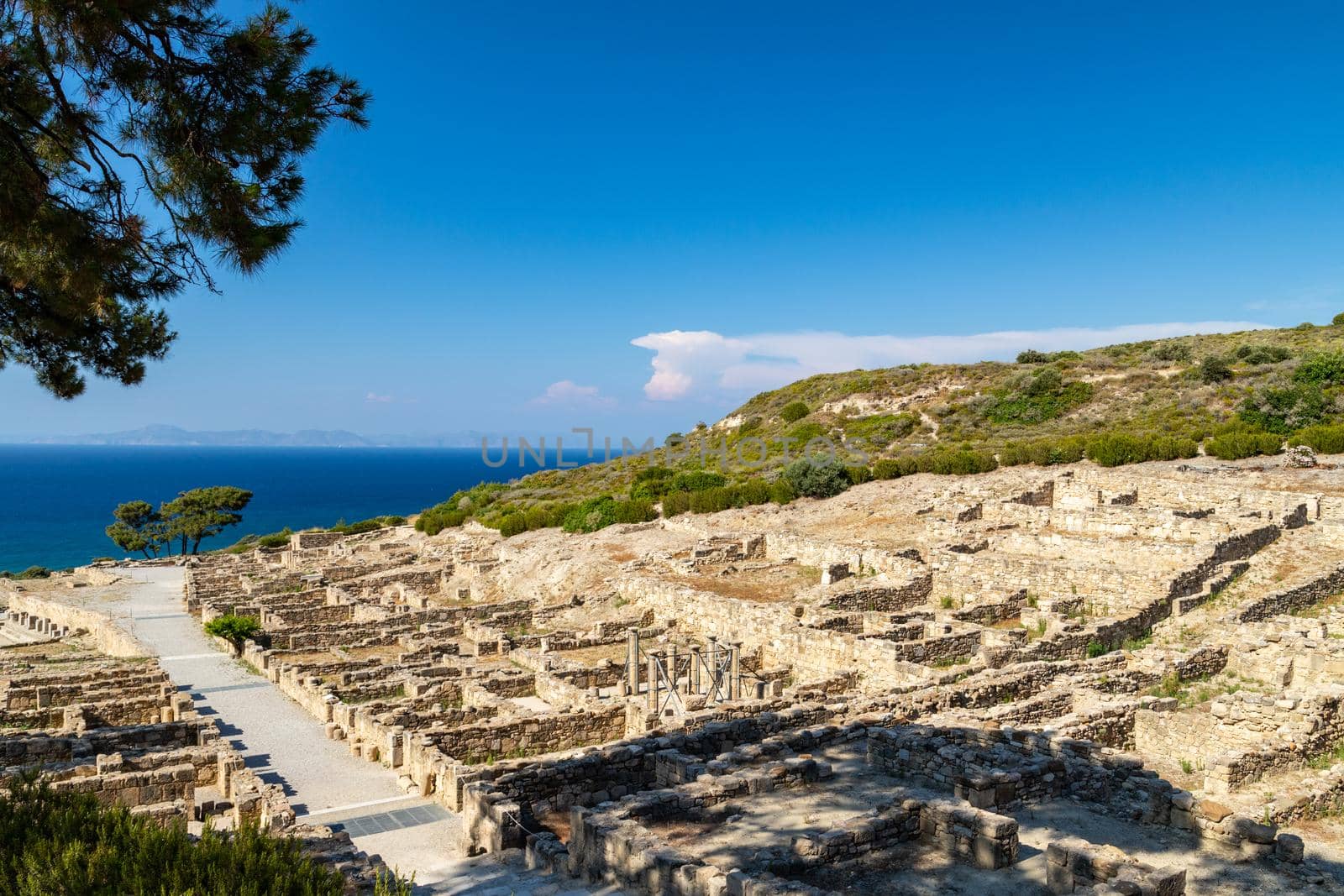 View from excavation site of the ancient city of Kamiros at the westside of Rhodes island, Greece on the aegaen sea