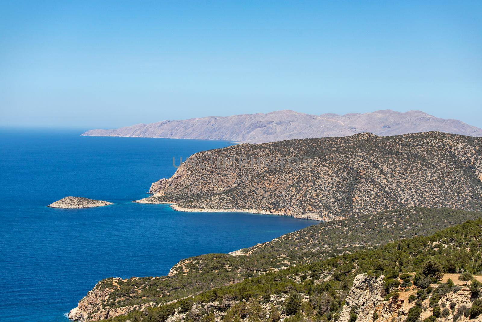 Panoramic view at landscape and rocky coastline near Monolithos on Greek island Rhodes with the aegaen sea in the background