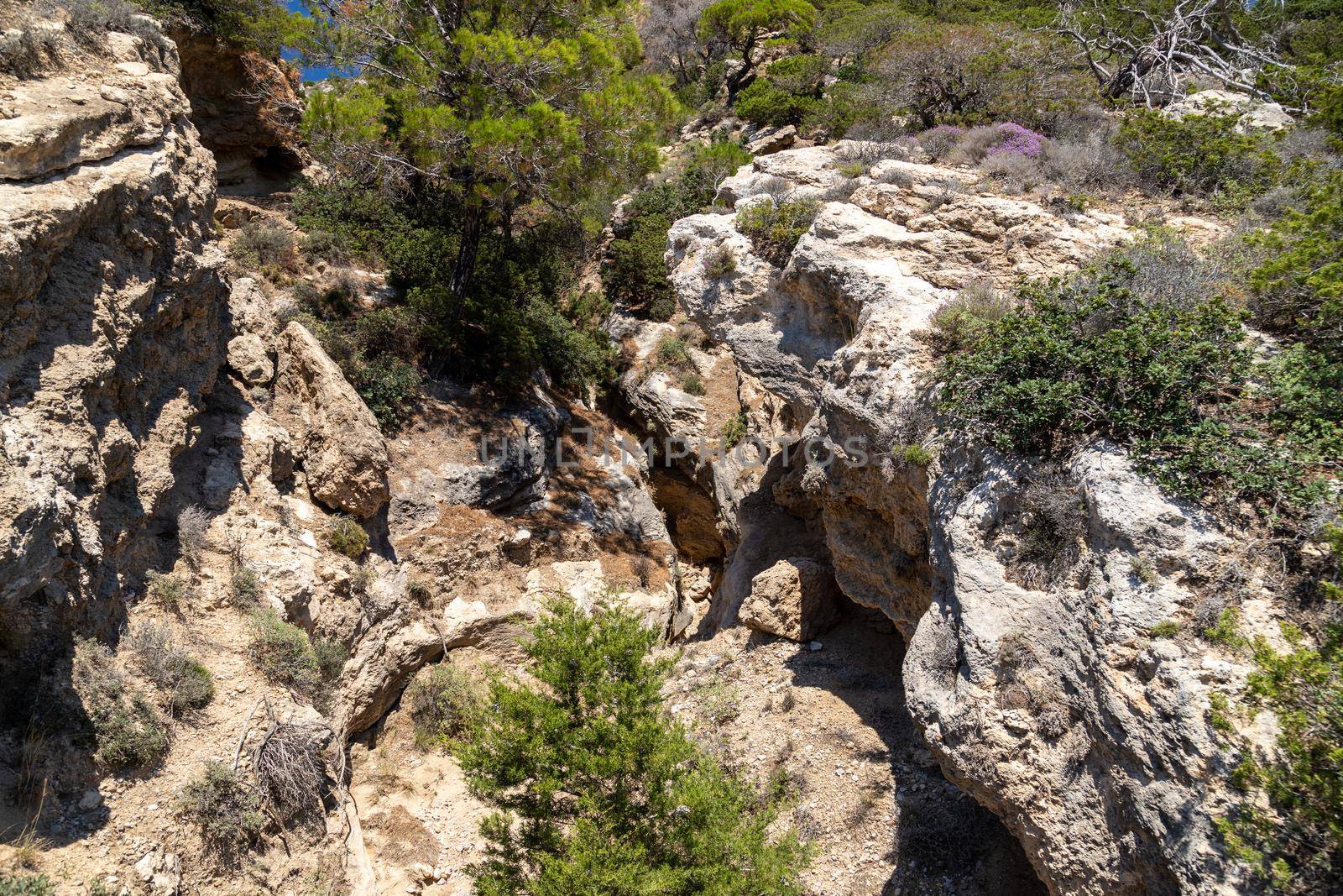 Rock formation in a gorge nearby beach Akra Fourni   at Rhodes island, Greece