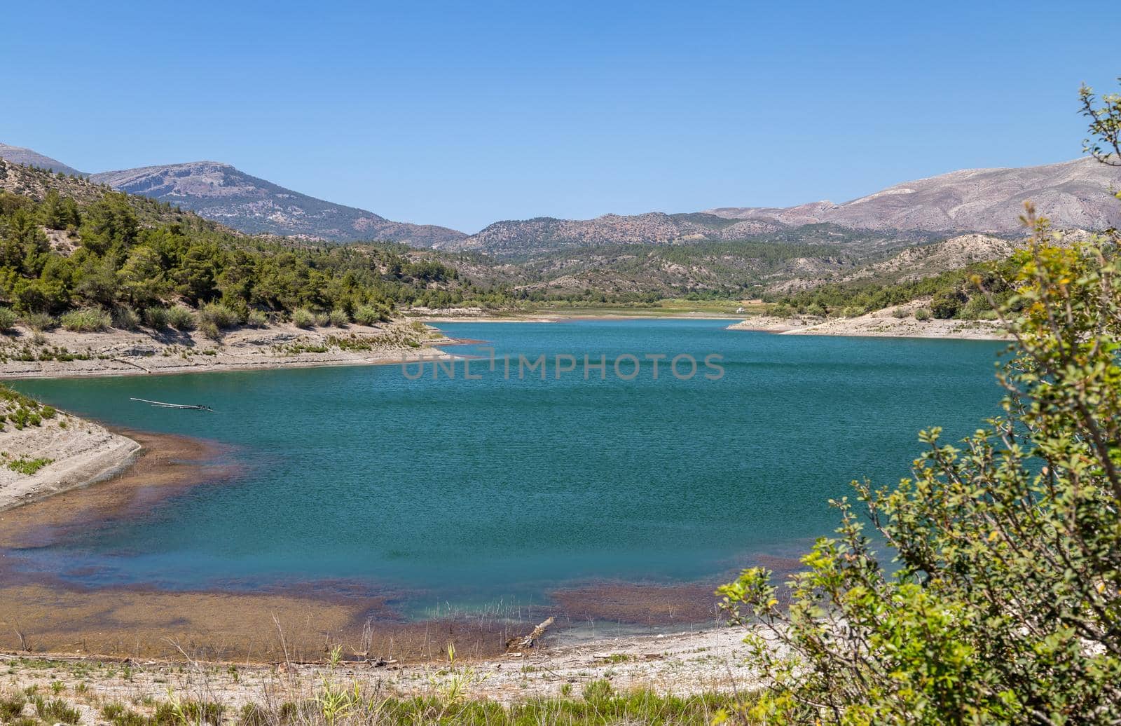 Panoramic view dammed lake Limni Apolakkias at Greek island Rhodes