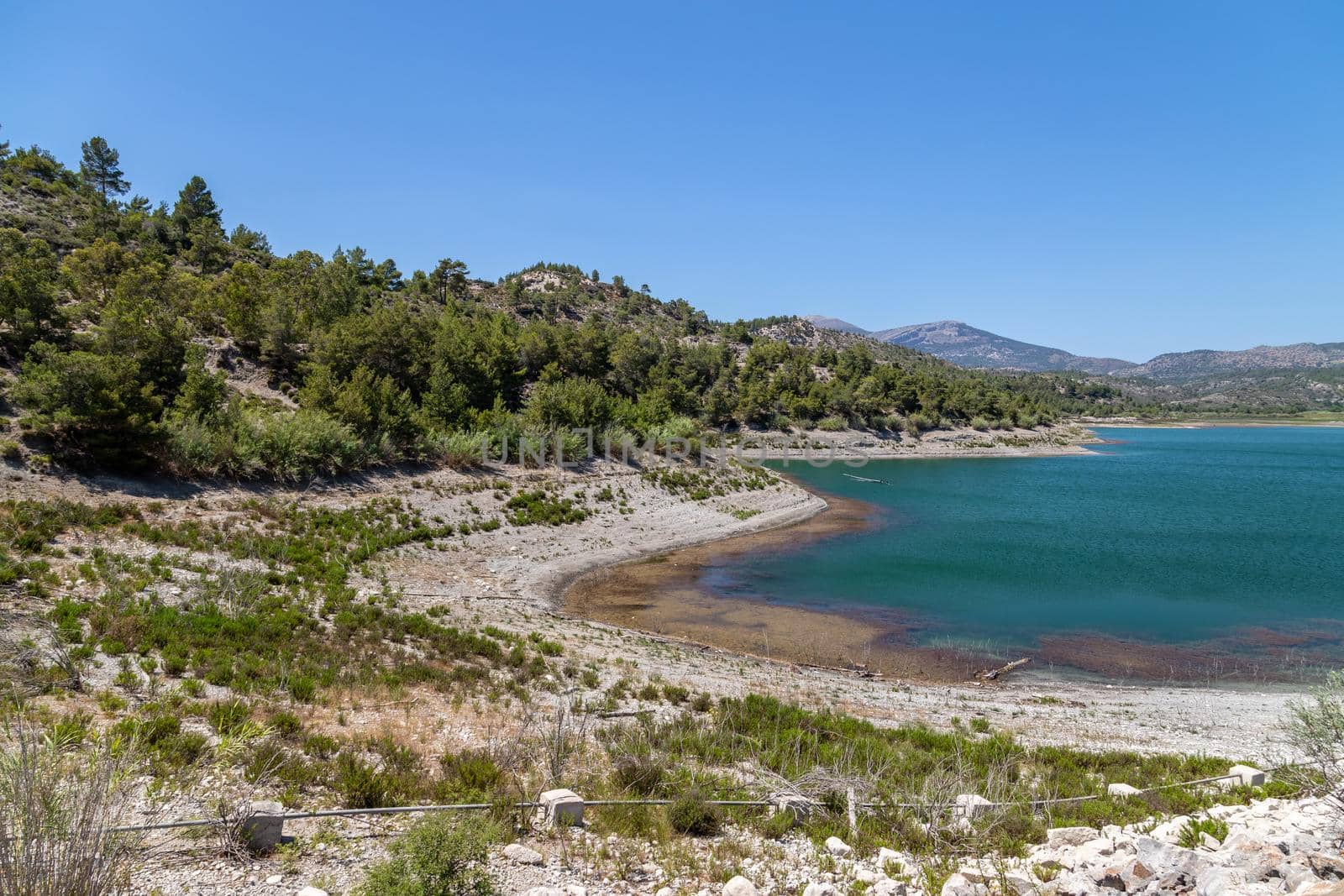 Scenic view dammed lake Limni Apolakkias at Greek island Rhodes by reinerc