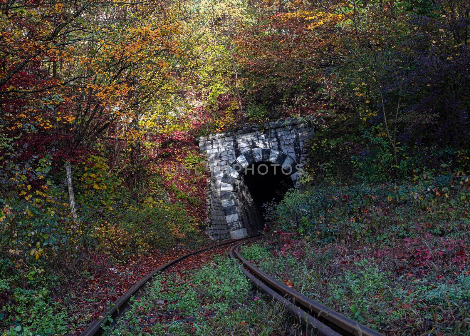 Train line entering a tunnel by bybyphotography