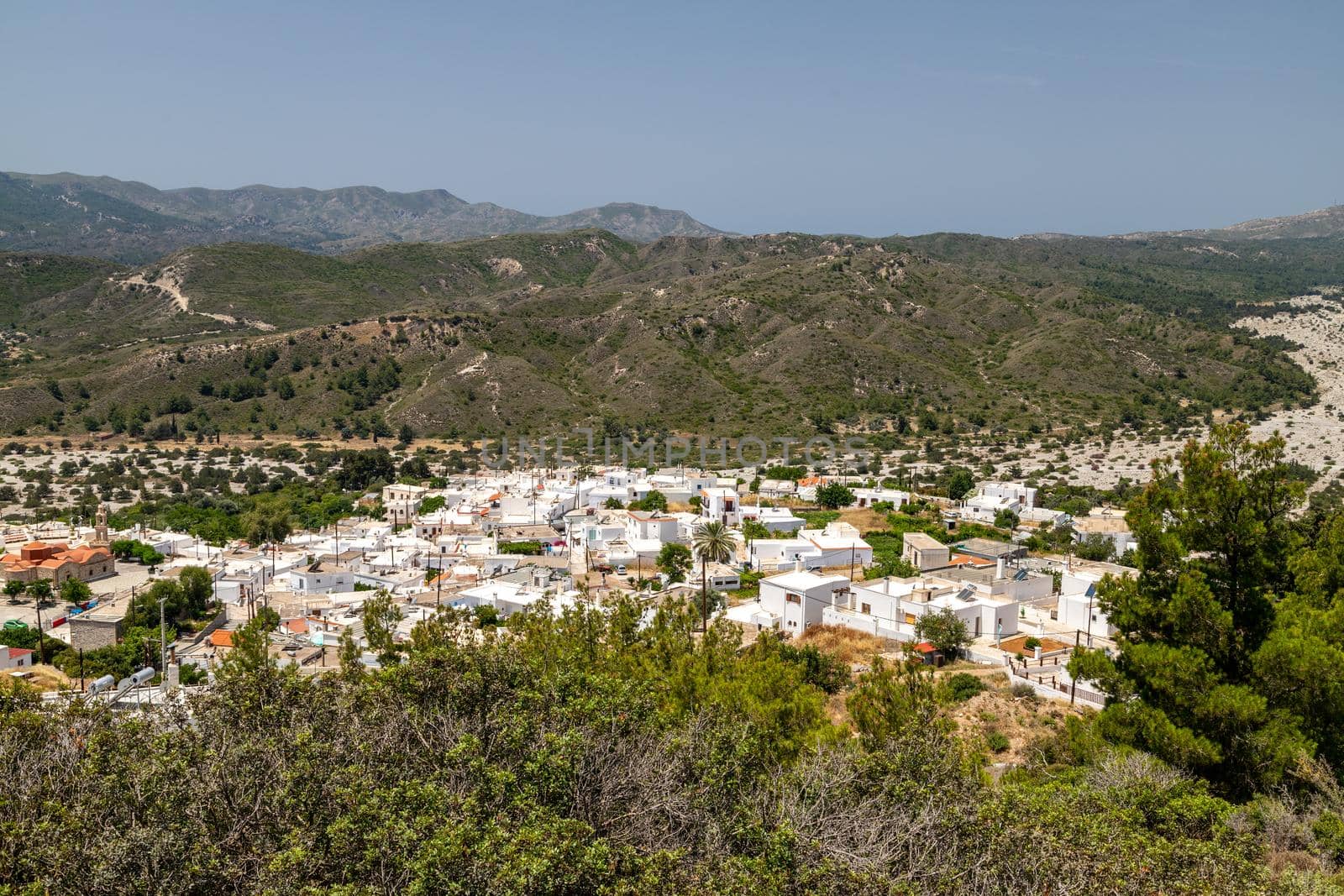 High angle view at the village Asklipio on Rhodes island, Greece