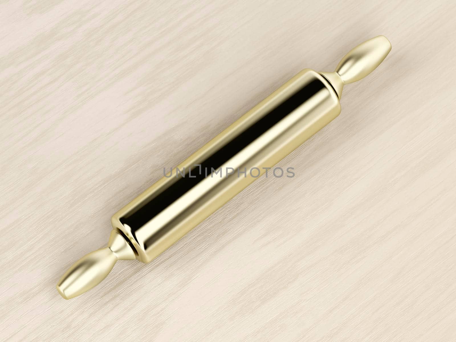 Golden rolling pin on the wooden table, top view