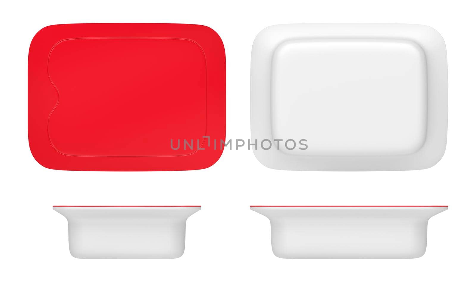 Blank cardboard food container with red lid. Top, bottom and side view.