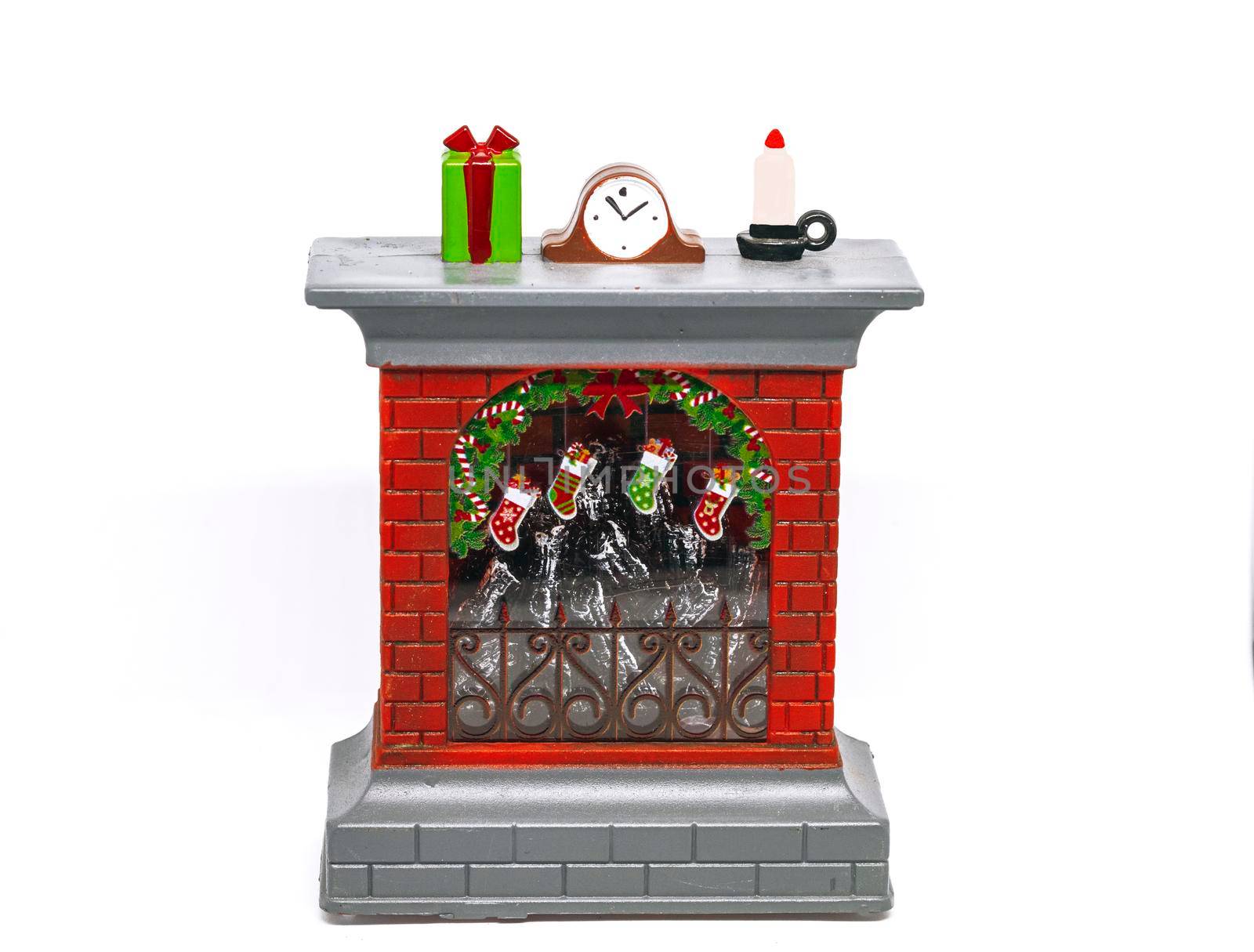 A fireplace with various ornaments isolated on a white background