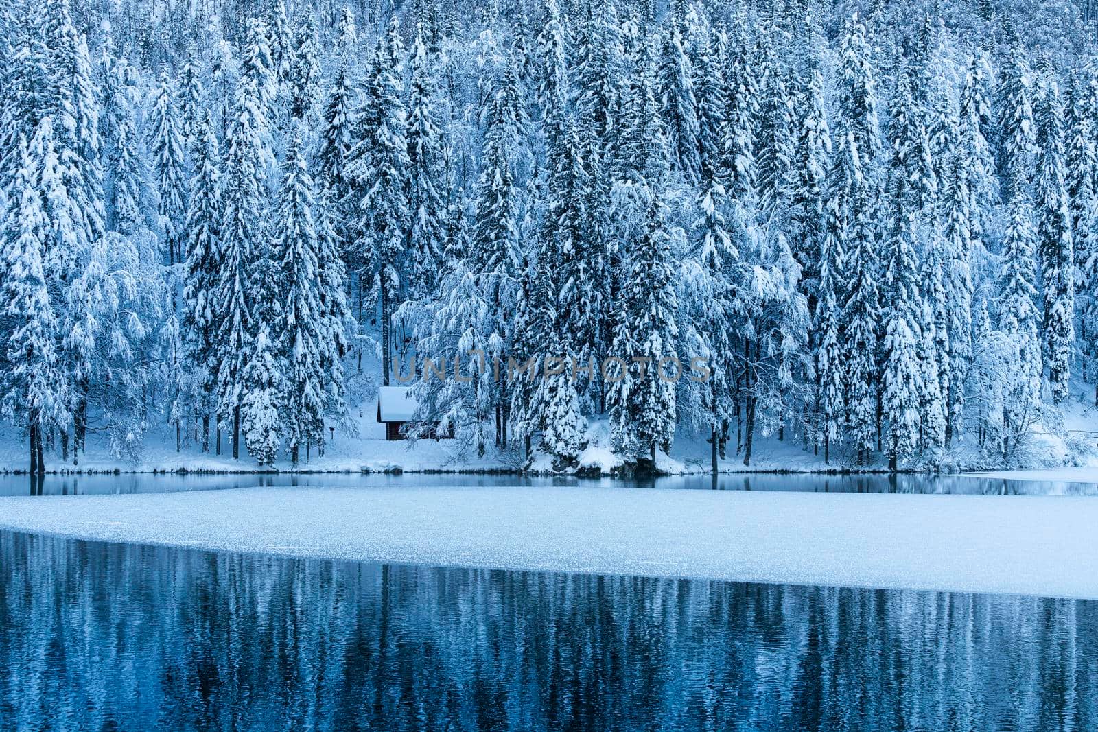 the panorama of the lake of Fusine, Tarvisio, frozen in winter